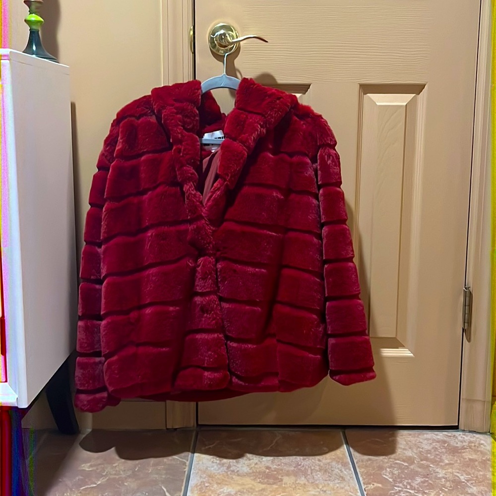 Apparis dark red faux fur hooded jacket